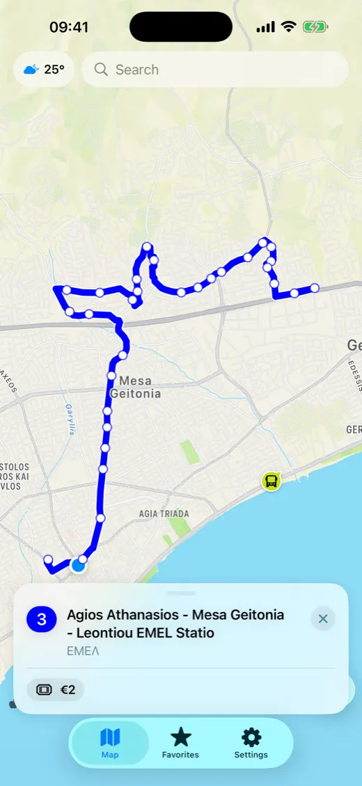 Route line with stops, ticket price and operator