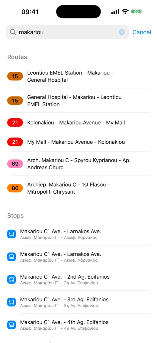 Instant search results for stops and routes