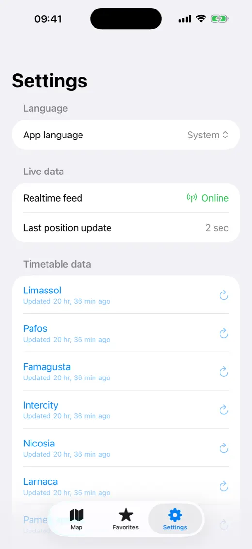 Settings with languages and timetable data
